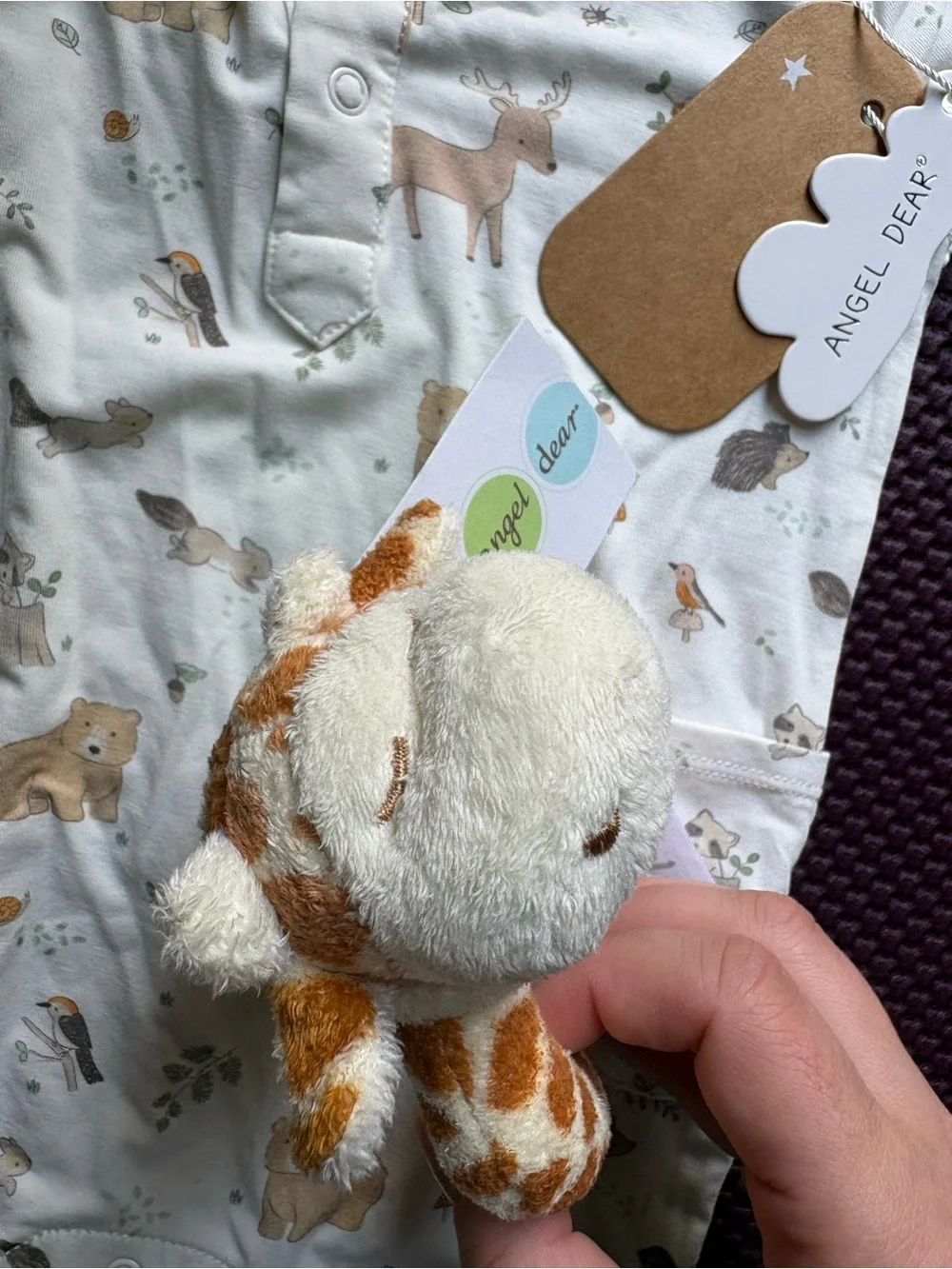 NWT Angel Dear Woodland Babies bamboo Romper 3-6M + Giraffe Rattle Ring Bundle